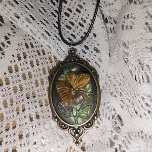 Orange Butterfly Cameo In Metal Frame 16-18 Adjustable Cord Necklace